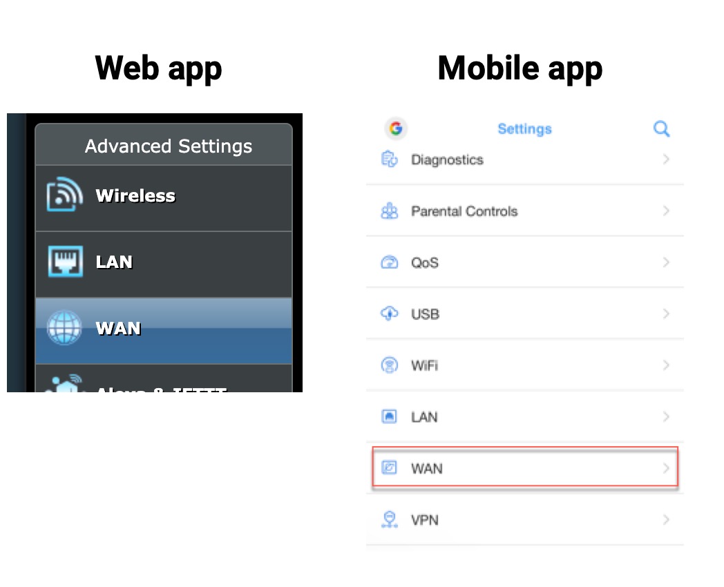 WAN configuration section for typical web and mobile apps (ASUS pictured)